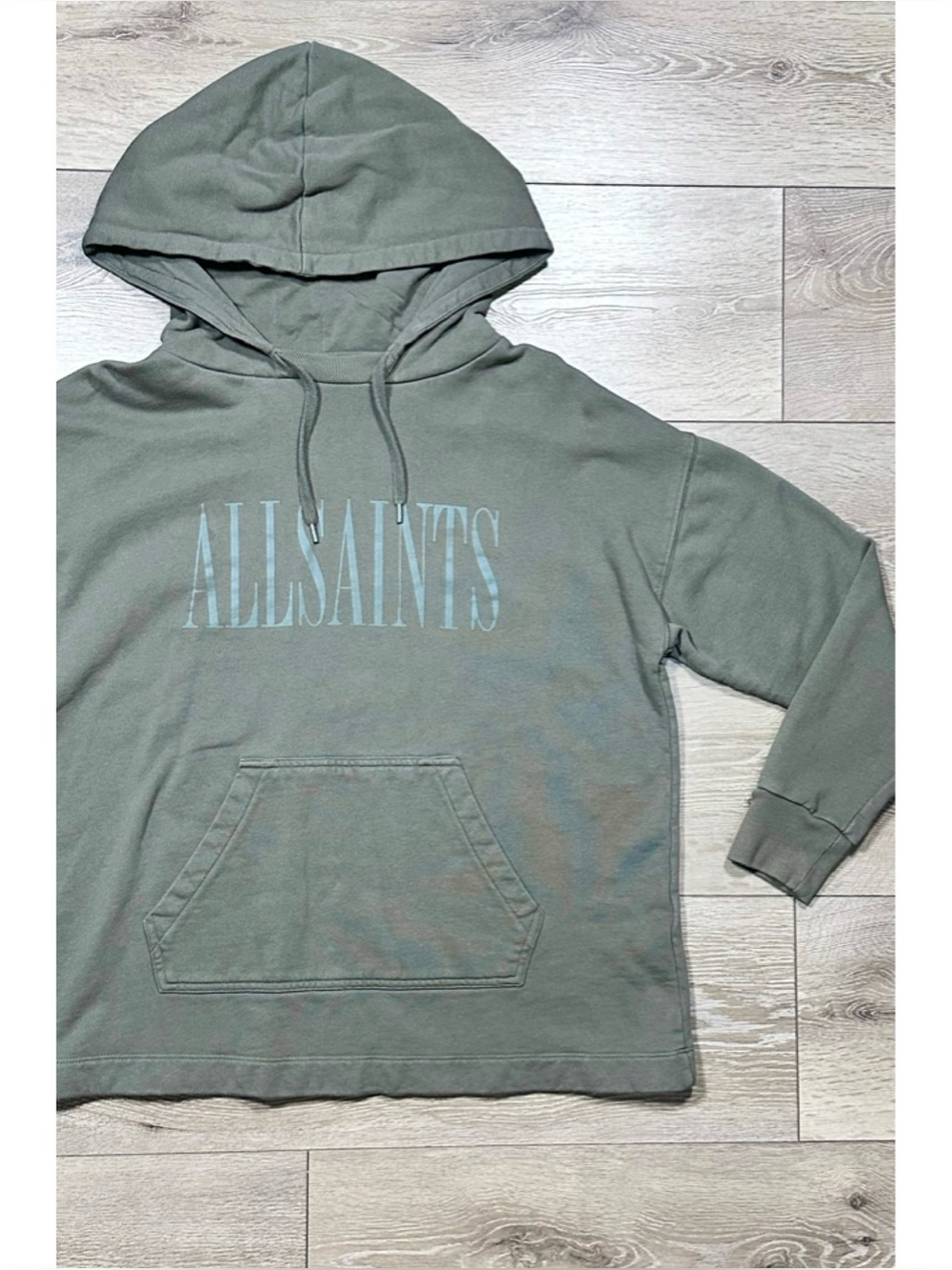 AllSaints Underground Pullover Logo Hoodie Washed Smokey Green